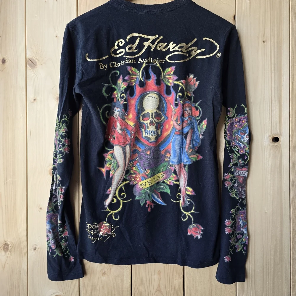 Christian Audigier Ed Hardy Long Sleeve Black Skull Floral Print Shirt Mens S - Picture 9 of 15